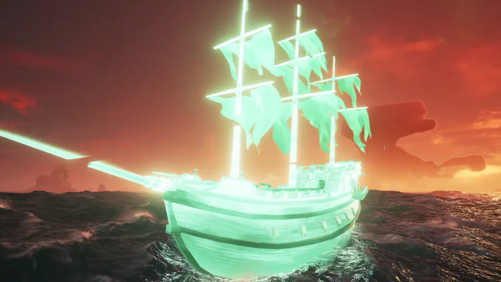 upclose view of a ghost ship in sea of thieves