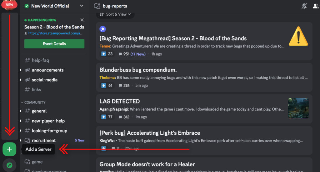 Finding the Add a Server button in Discord 